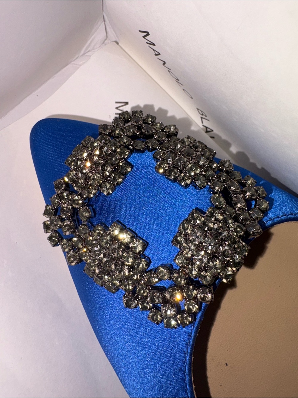 Manolo Blahnik Royal Blue Satin Crystal-Embellished Pointed Flats - Picture 3 of 5
